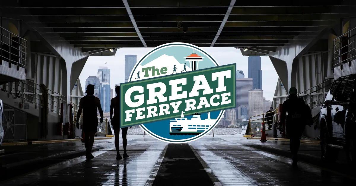 Runners walking on a ferry with the Seattle skyline in the background and the Great Ferry Race logo.