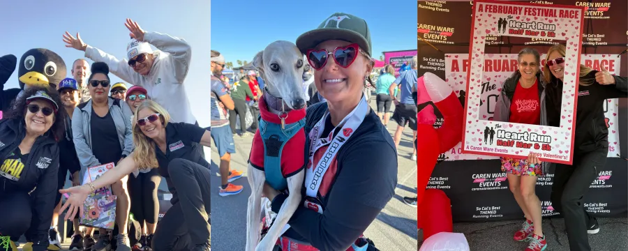 A collage of photos from The Heart Run, showing groups of people posing with a mascot, a woman with her dog, and participants at a photo booth.
