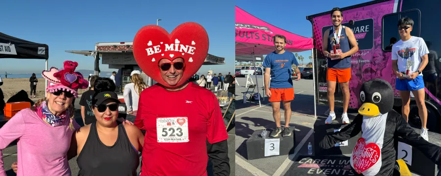 Runners celebrating at the Heart Run, with one participant wearing a large heart-shaped hat and another group on a podium with a penguin mascot.