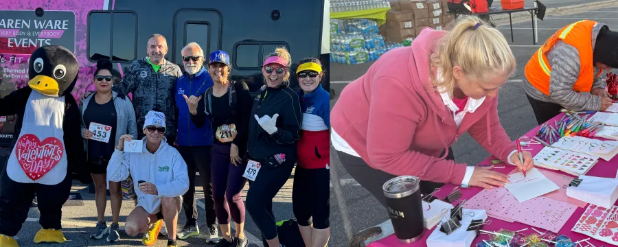 A group of runners and a penguin mascot pose for a photo, with some participants writing cards at a table in the background.