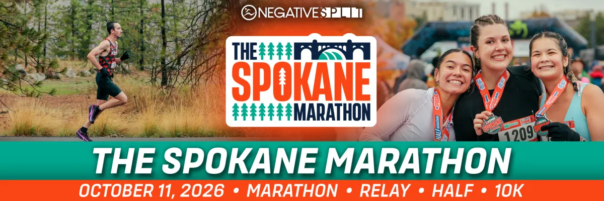 Banner for The Spokane Marathon featuring a runner on a trail, the race logo, and smiling participants with medals.