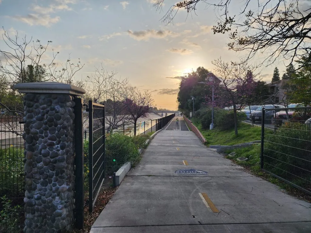 A paved path alongside a body of water at sunrise, with trees and buildings in the background.