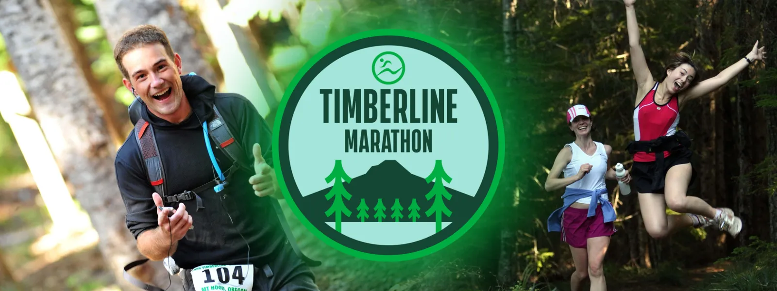 A man gives a thumbs up while running on a trail, and a woman jumps for joy while running in a forest, with the Timberline Marathon logo in the center.