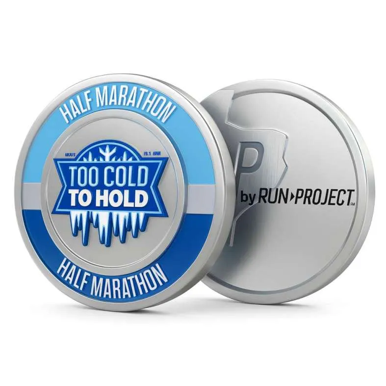 A race medal for the Too Cold To Hold Half Marathon, showing icicles and the race name.
