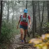 A runner ascends a rocky, wooded trail on a foggy day.