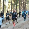 A group of runners are participating in a trail race, running on a dirt path through a forest.
