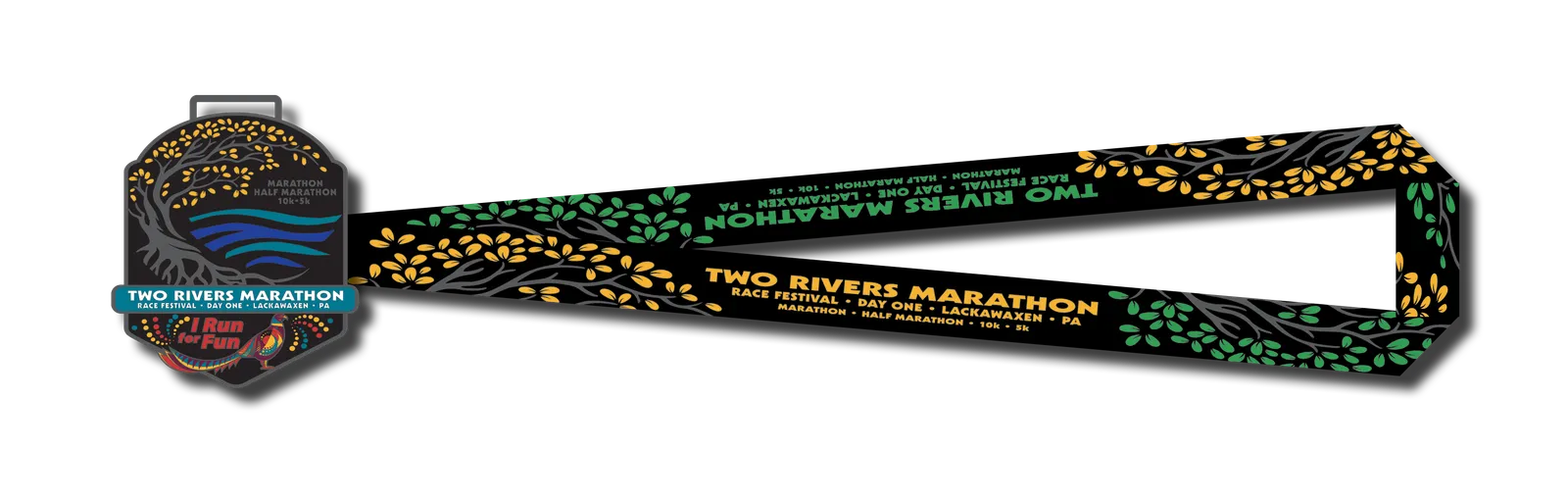 Two Rivers Marathon medal with a tree and river design, and a ribbon with race details.