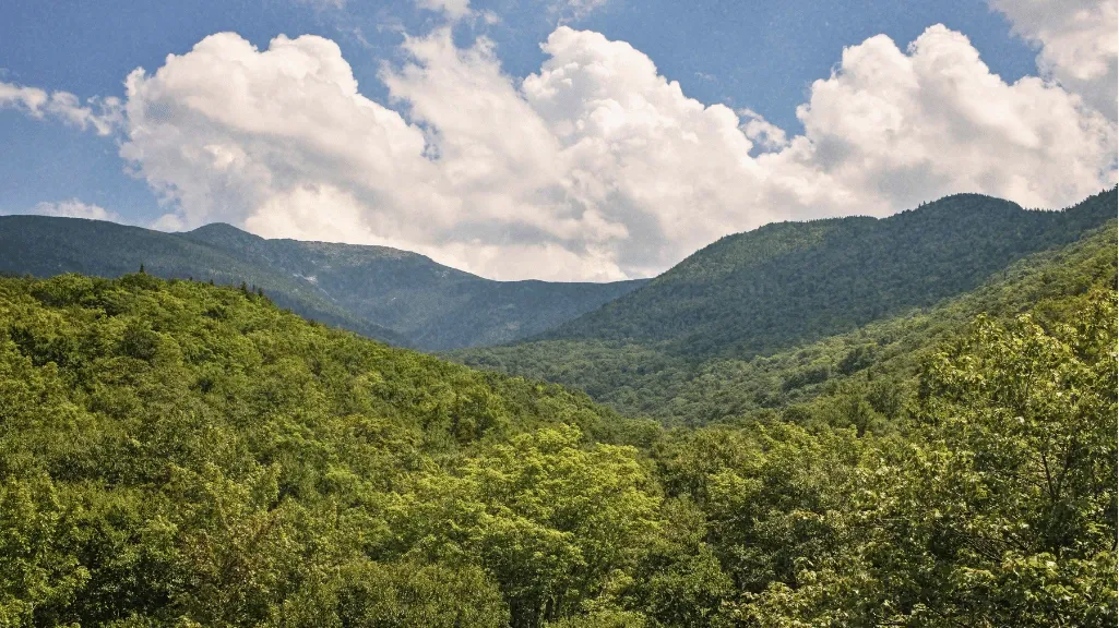 Scenic view of lush green mountains under a cloudy blue sky.