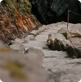 A rocky, uneven trail winding through a natural landscape with steep rock formations on the left.