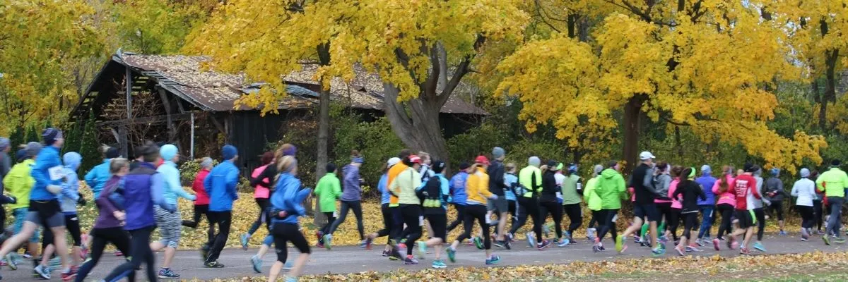 A group of runners on a paved path with vibrant yellow autumn trees in the background.