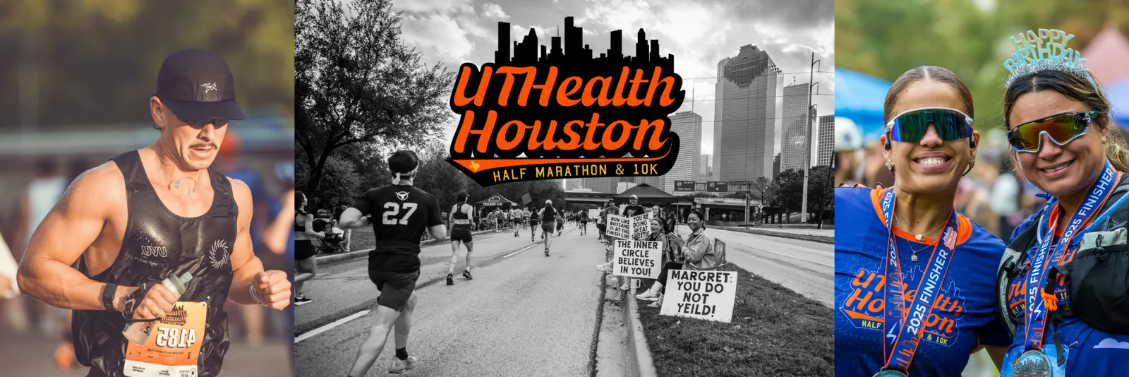 Collage of images from the UTHealth Houston Half Marathon & 10K, featuring runners, the race logo with Houston skyline, and finishers celebrating.