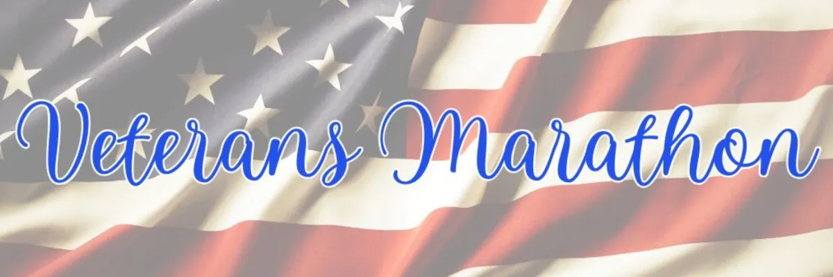 Veterans Marathon text overlay on a background of the American flag.