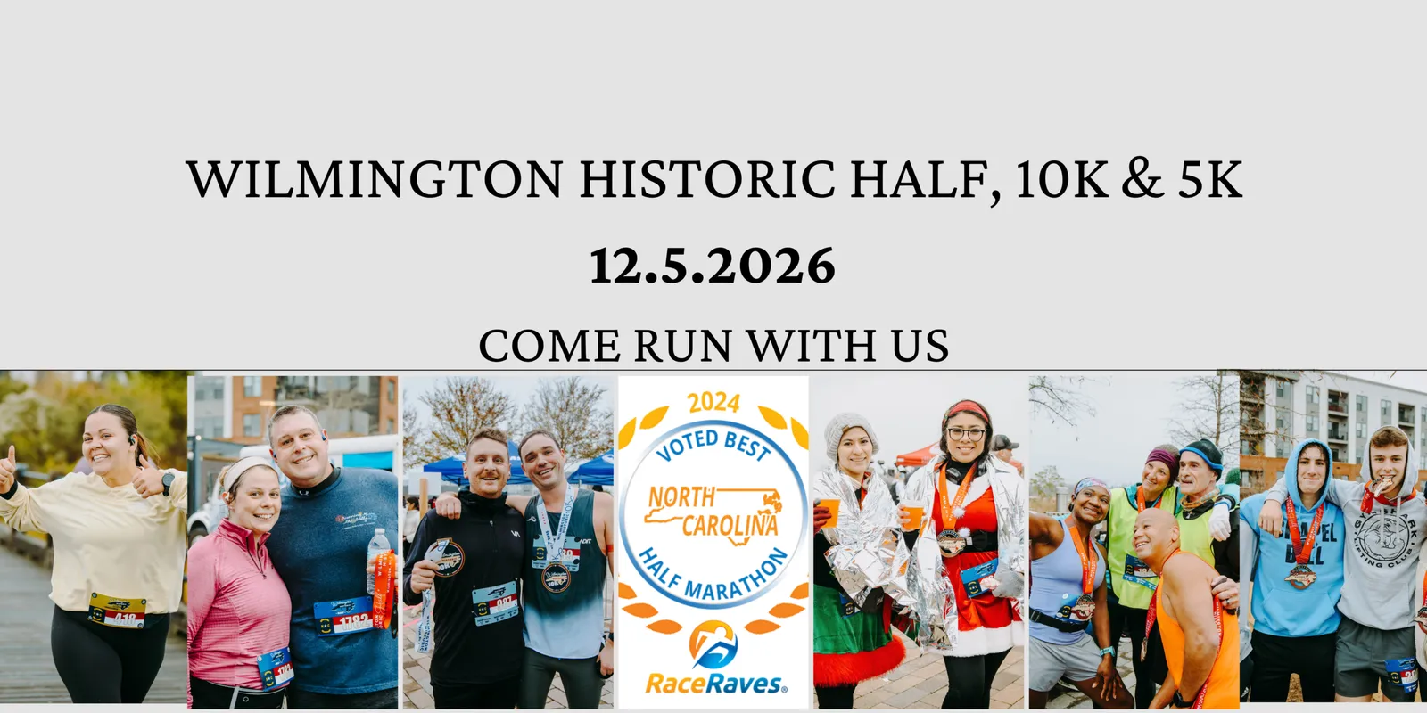 Groups of smiling runners, some wearing medals, celebrate after completing the Wilmington Historic Half Marathon, 10K & 5K on December 5, 2026.