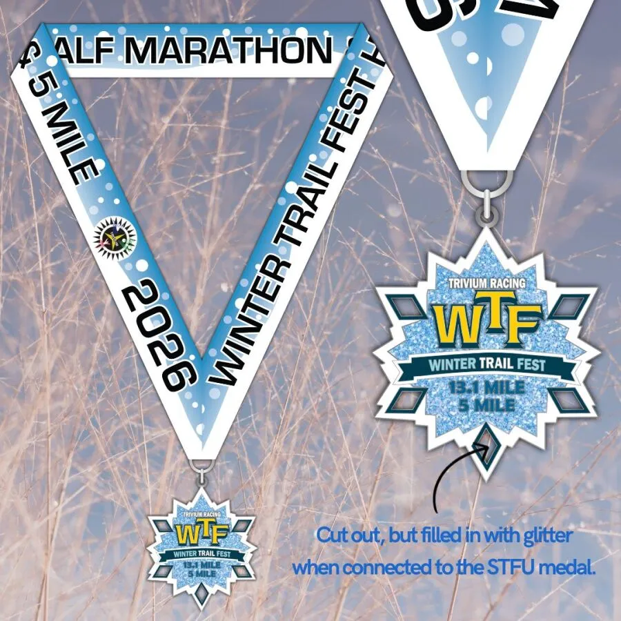 Winter Trail Fest medal for the 13.1 mile and 5 mile races, with a ribbon that says 'Half Marathon' and 'Winter Trail Fest 2026'.