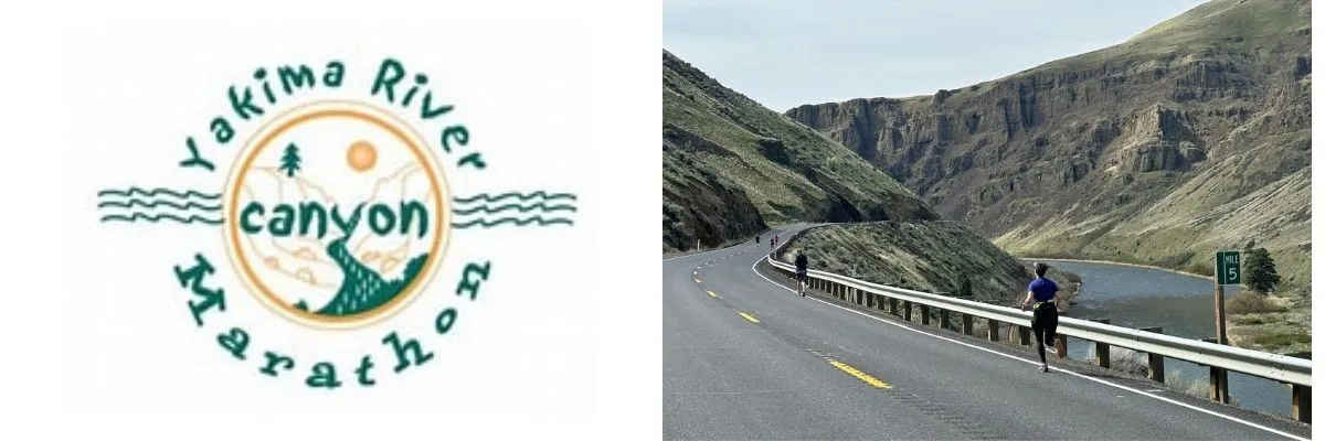 Runners on a road alongside a river with canyon scenery.