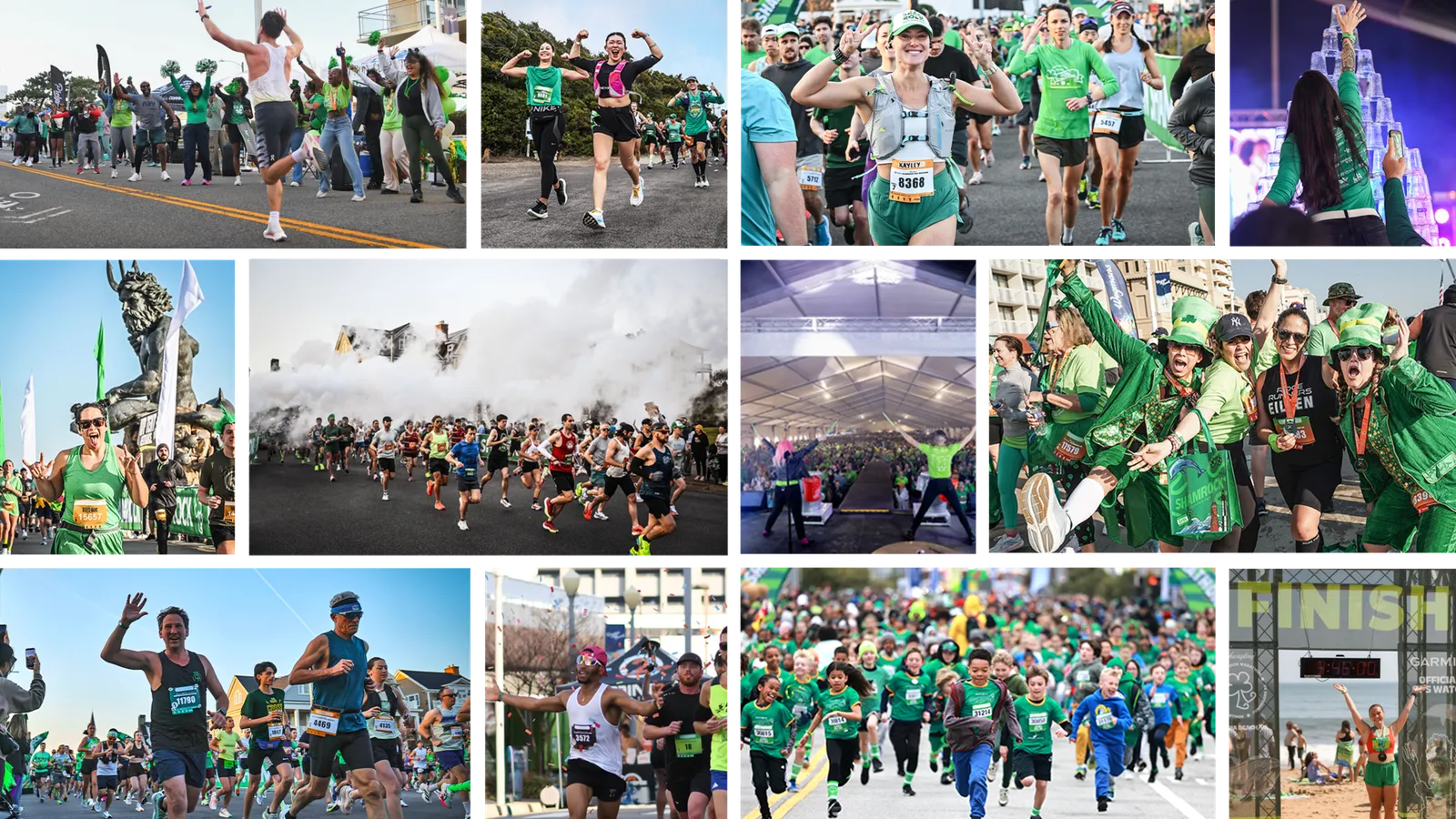 Collage of runners celebrating and participating in the Yuengling Shamrock Marathon Weekend.