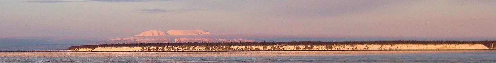 Panoramic view of snow-capped mountains and a tree-lined coastline at sunrise or sunset.